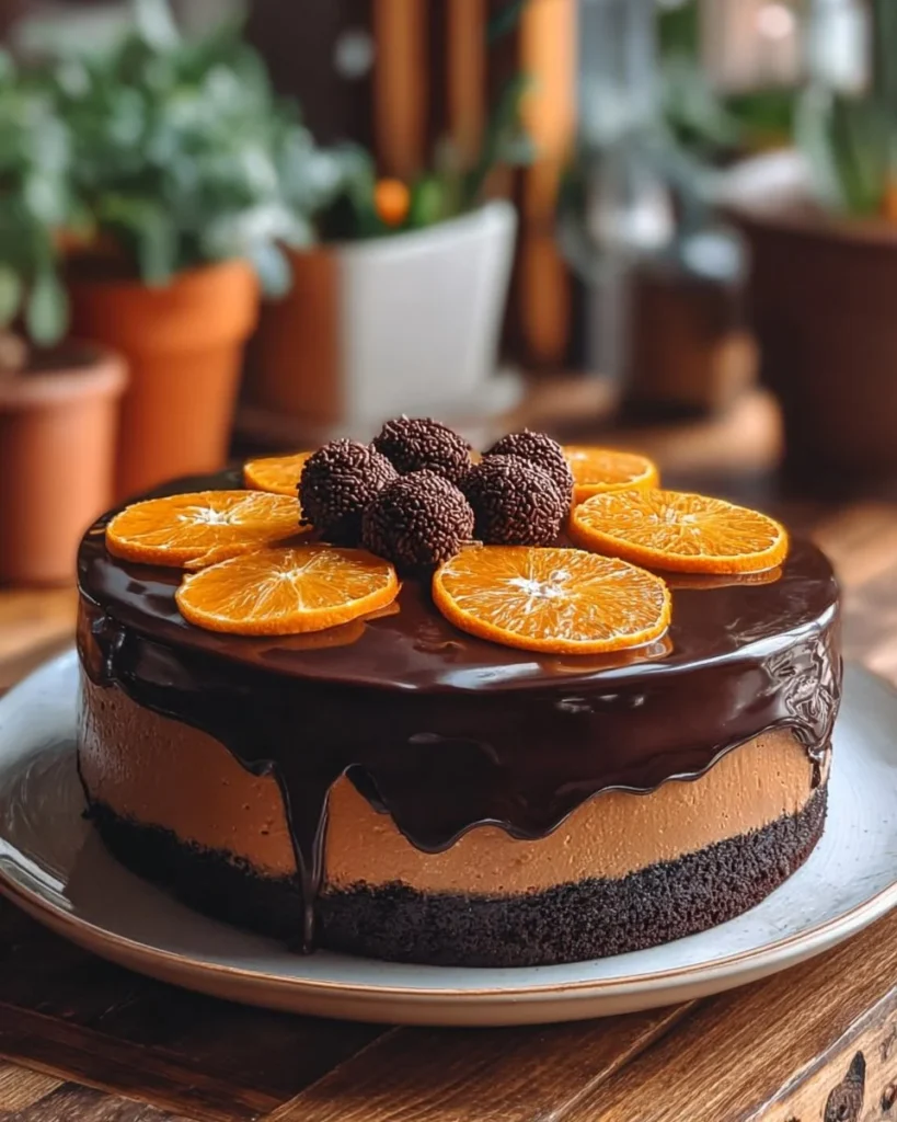 Chocolate Orange Cheesecake topped with orange slices and chocolate drizzles