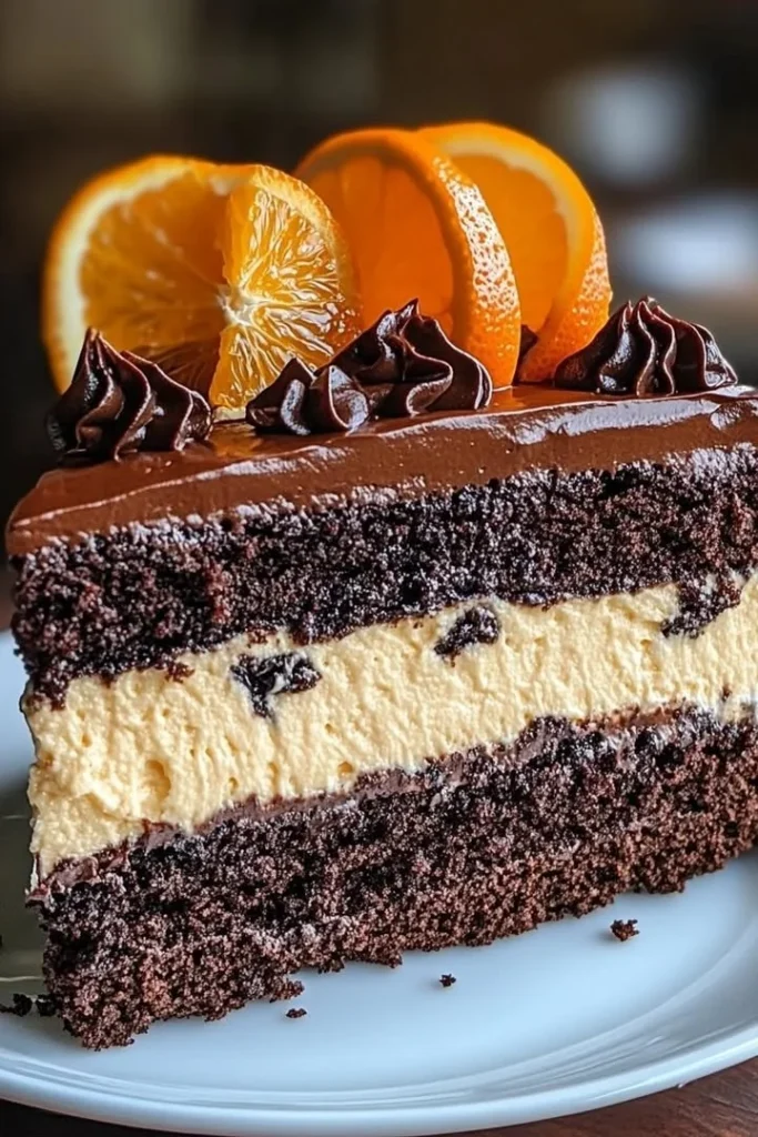 Delicious Chocolate Orange Cheesecake Layer Cake slice on a plate