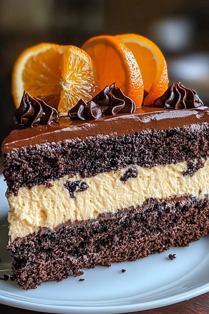 Delicious Chocolate Orange Cheesecake Layer Cake slice on a plate