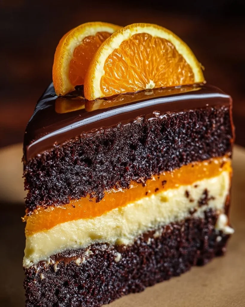Delicious Chocolate Orange Cheesecake Layer Cake with chocolate drizzle and orange slices