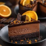 Delicious Chocolate Orange Mousse Cake topped with orange slices and chocolate shavings