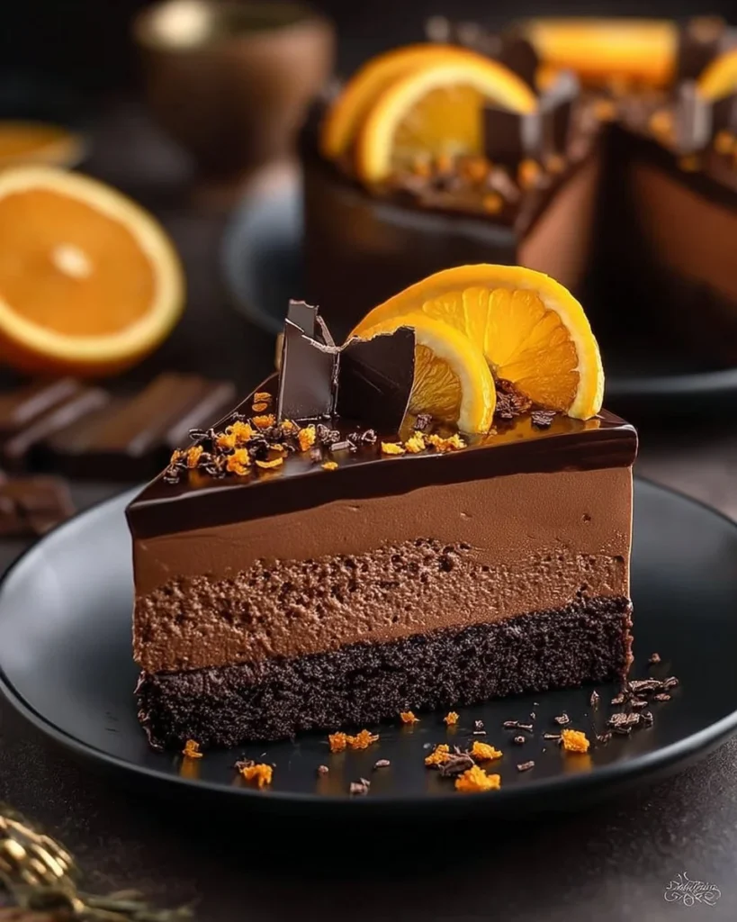 Delicious Chocolate Orange Mousse Cake topped with orange slices and chocolate shavings