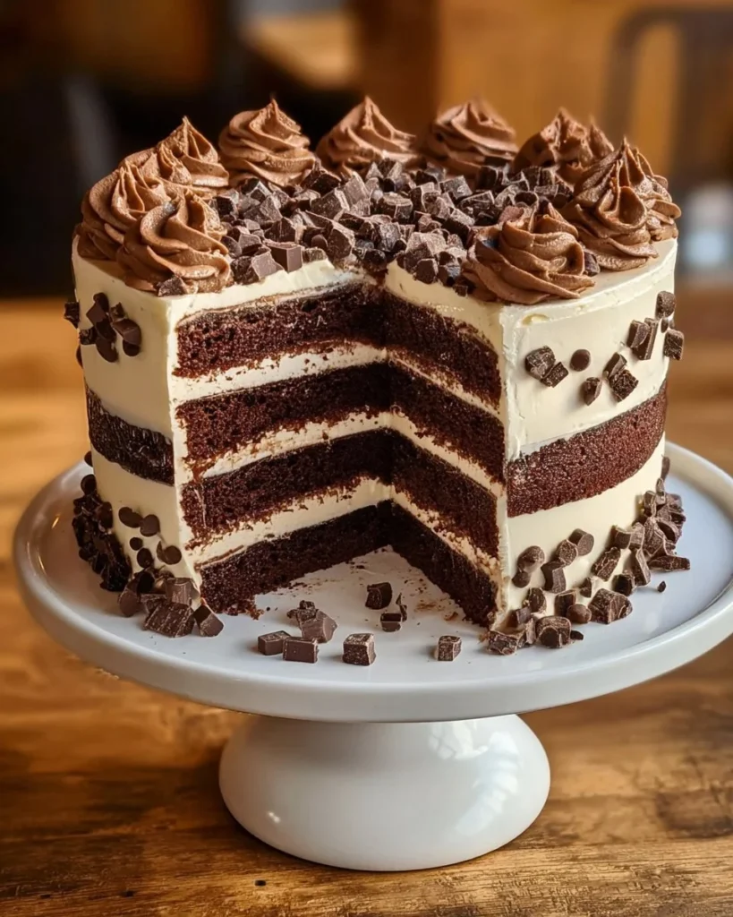 Slice of Chocolate Overload Cake topped with chocolate ganache and sprinkles.