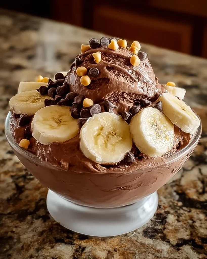 Chocolate Peanut Butter Banana Ice Cream in a bowl with toppings