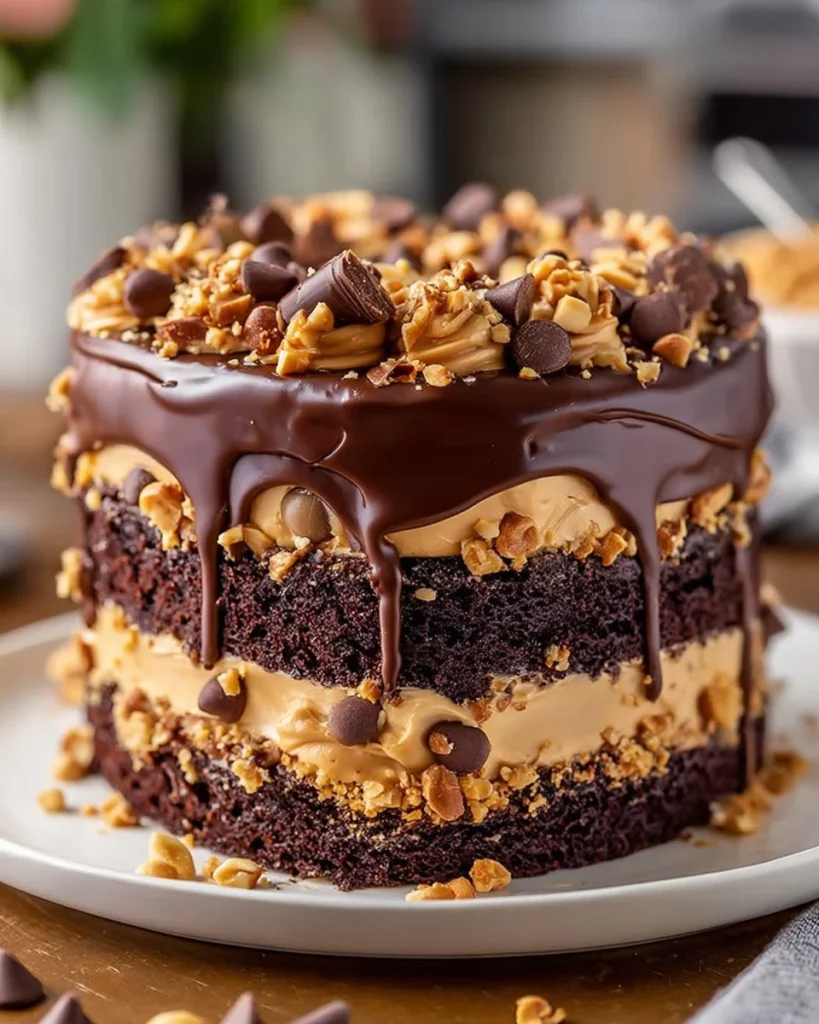 Delicious Chocolate Peanut Butter Cake with rich frosting and layers
