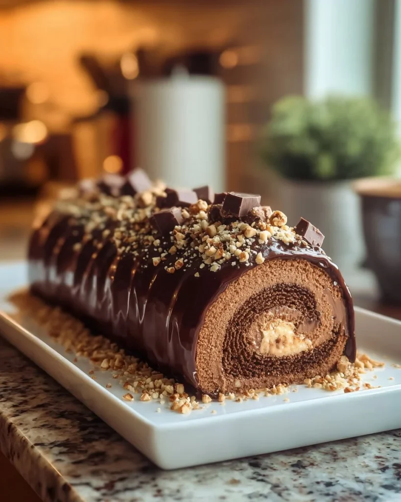 Chocolate Peanut Butter Cake Roulade garnished with chocolate and peanut butter frosting