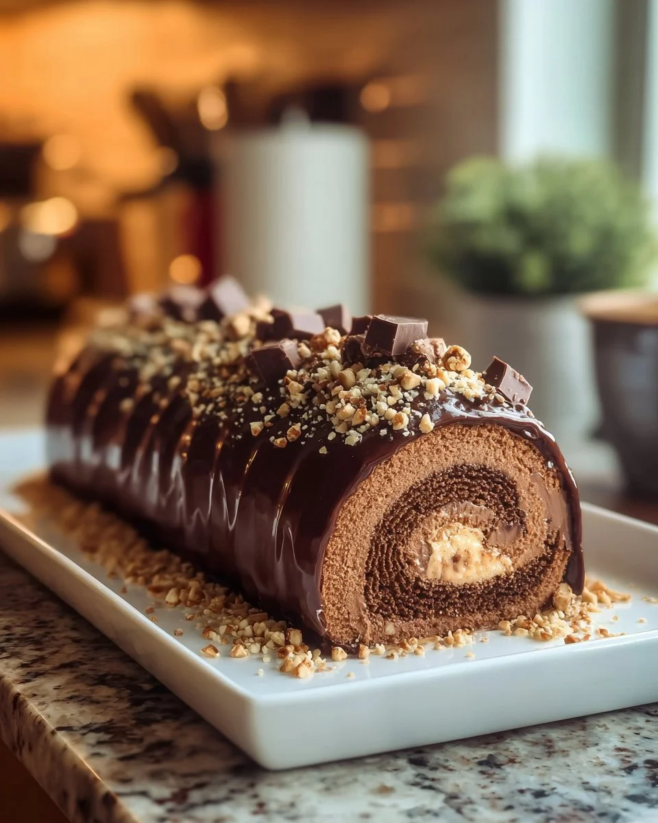 Chocolate Peanut Butter Cake Roulade garnished with chocolate and peanut butter frosting