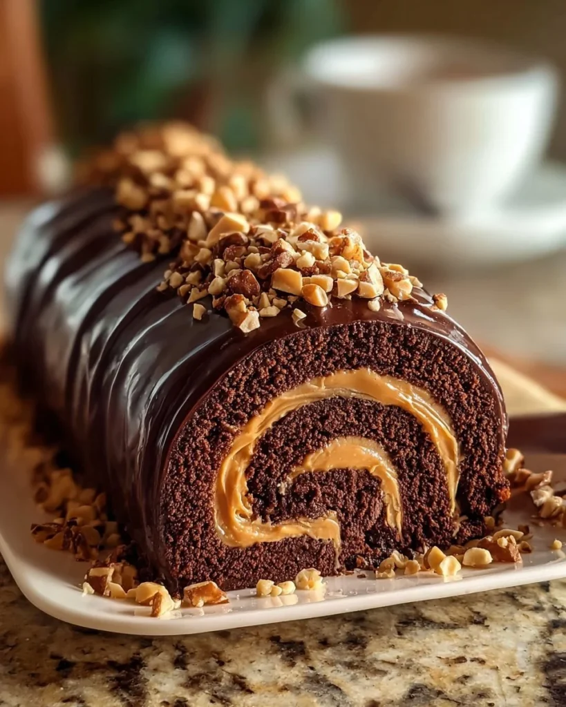Delicious Chocolate Peanut Butter Cake Roulade with creamy frosting and chocolate drizzle