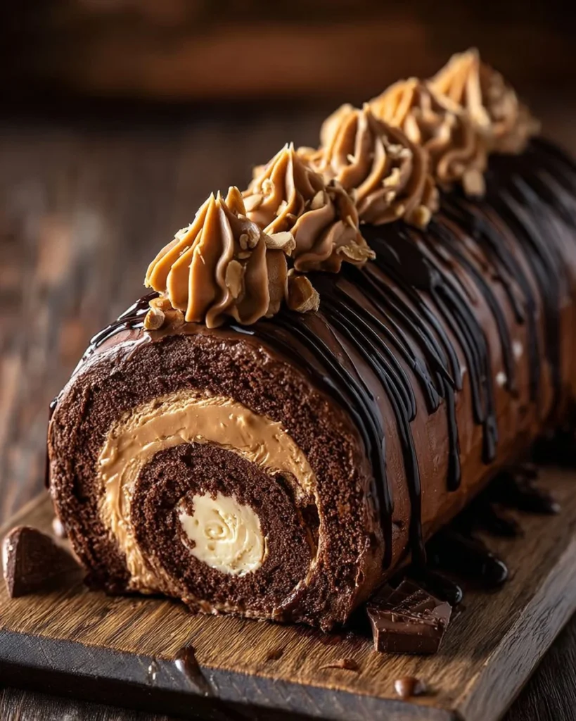 Decadent Chocolate Peanut Butter Cake Roulade with creamy filling