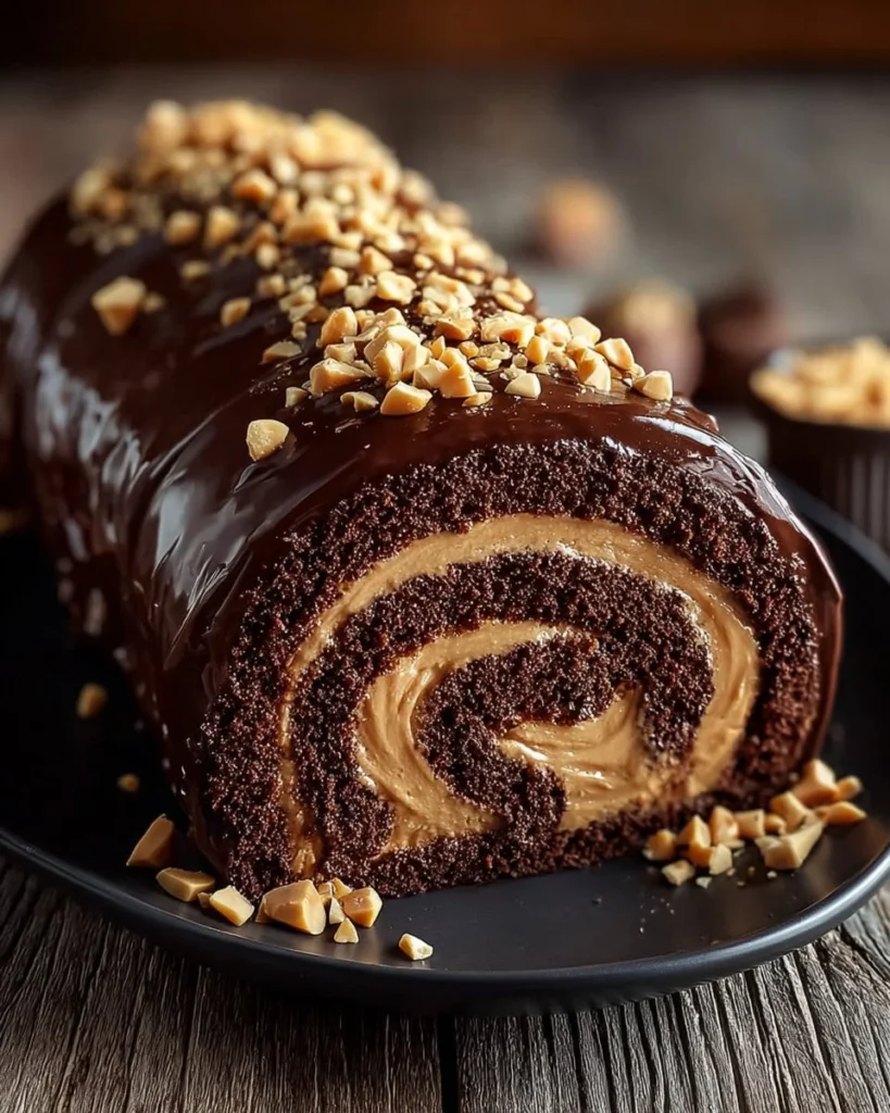 Delicious chocolate peanut butter cake roulade topped with creamy frosting