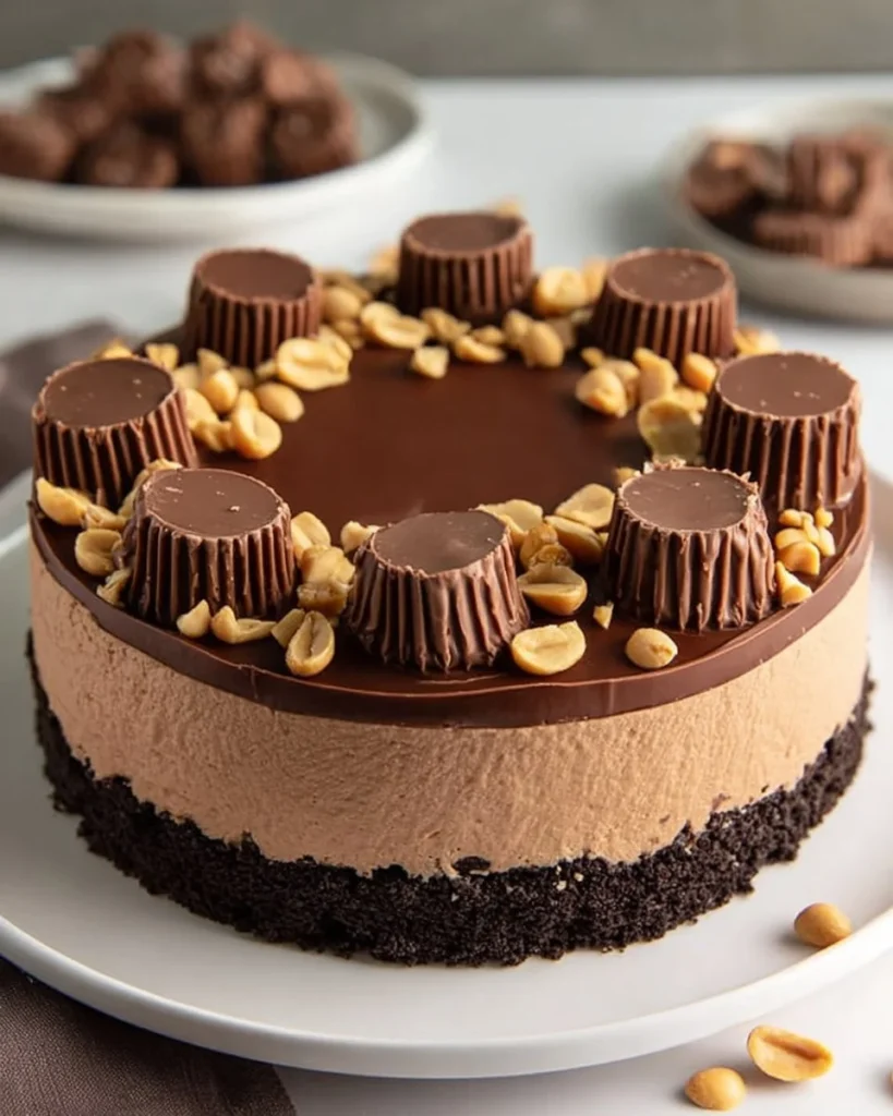 Delicious slice of Chocolate Peanut Butter Cheesecake topped with chocolate drizzle