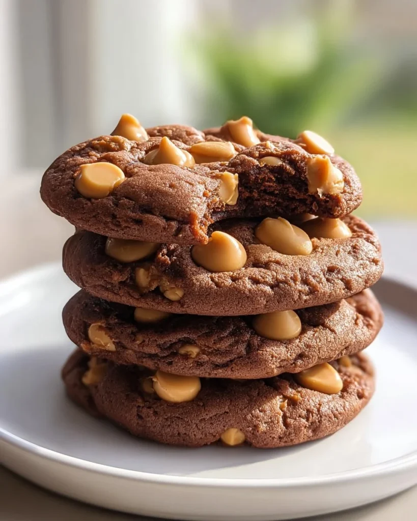 Freshly baked Chocolate Peanut Butter Chip Cookies on a cooling rack.