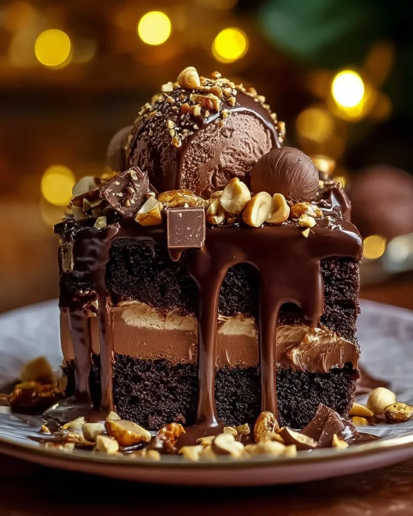 Decadent chocolate peanut butter cheesecake topped with creamy peanut butter and chocolate drizzle