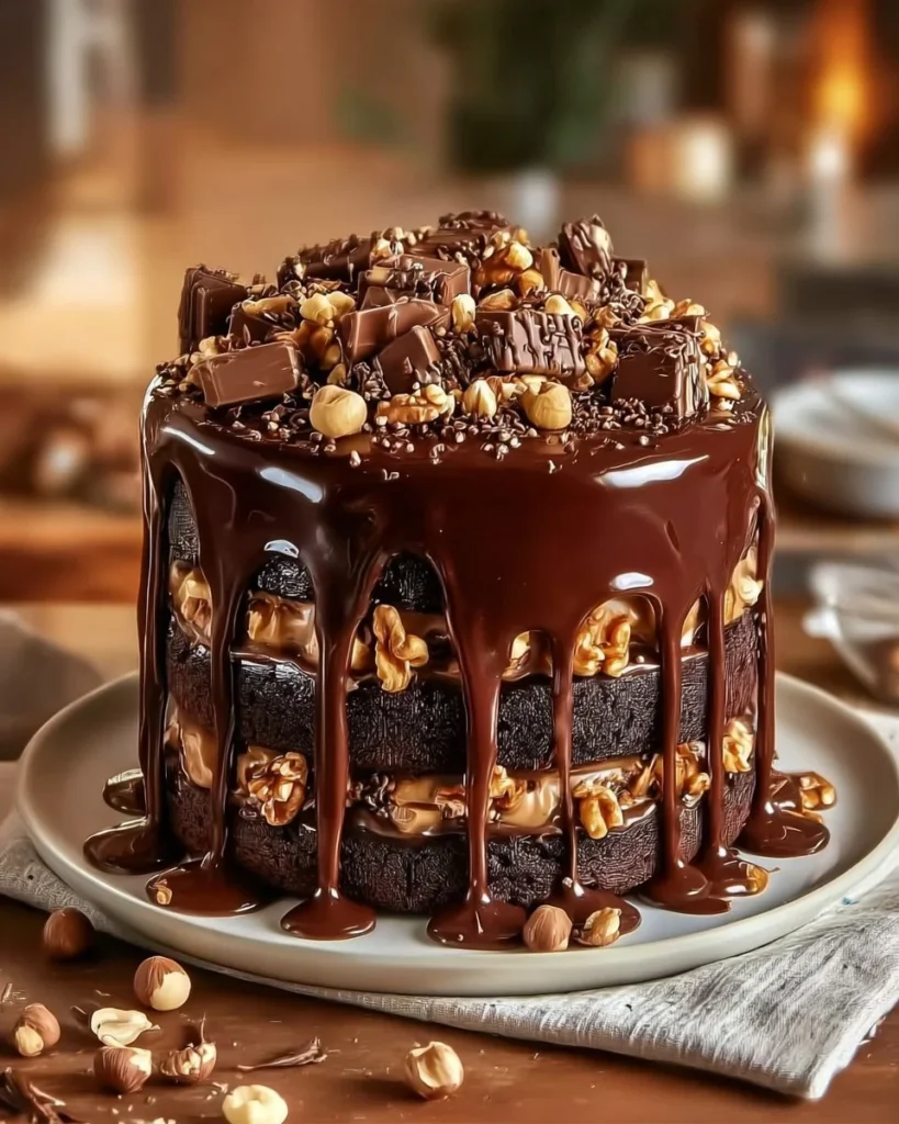 Delicious Chocolate Peanut Butter Layer Cake with layers of chocolate and peanut butter frosting