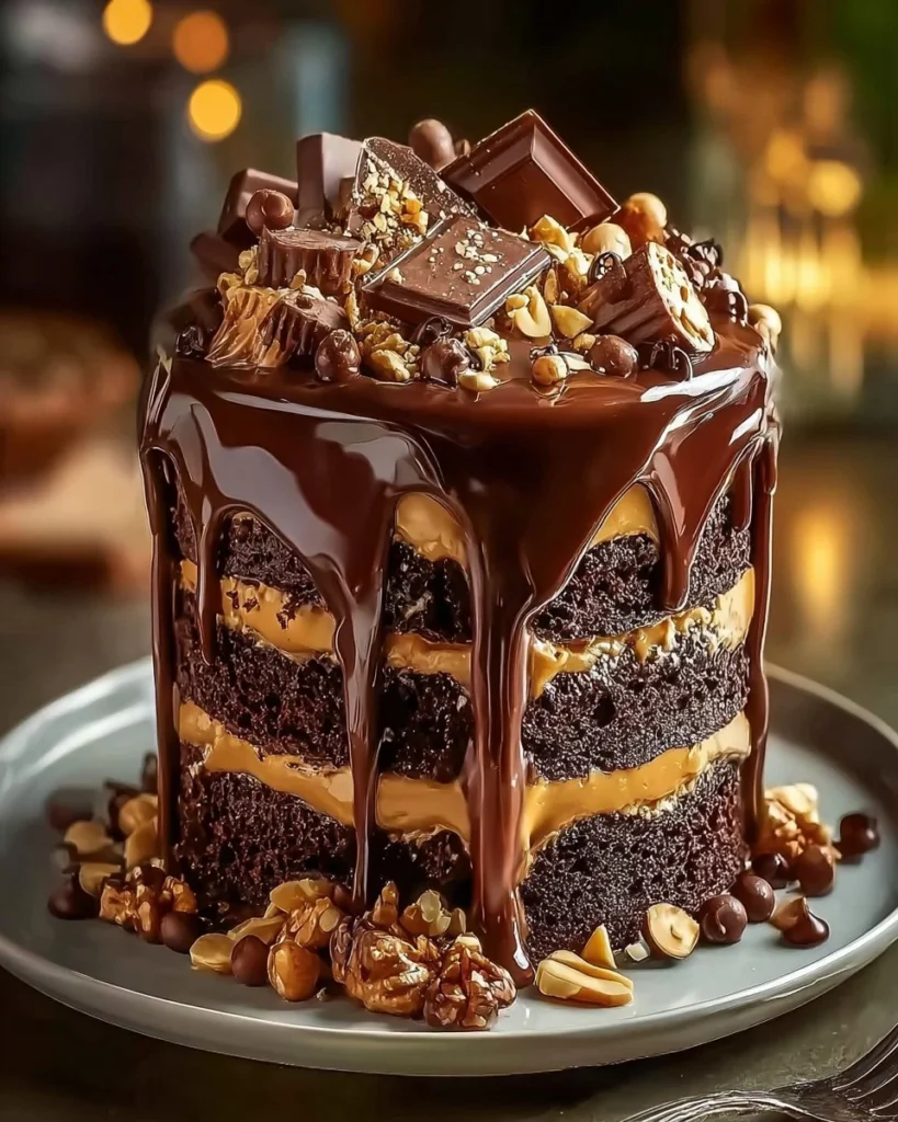 Deliciously stacked Chocolate Peanut Butter Layer Cake with creamy frosting