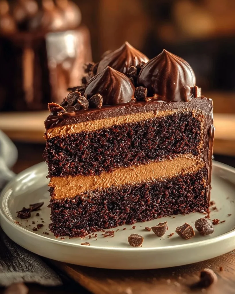 Decadent Chocolate Peanut Butter Cake topped with creamy peanut butter frosting