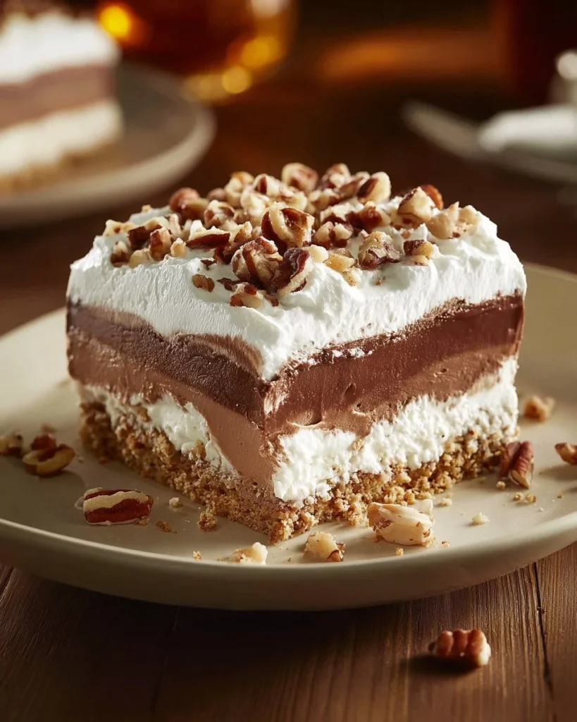 Delicious Chocolate Pecan Delight dessert with chocolate and pecans