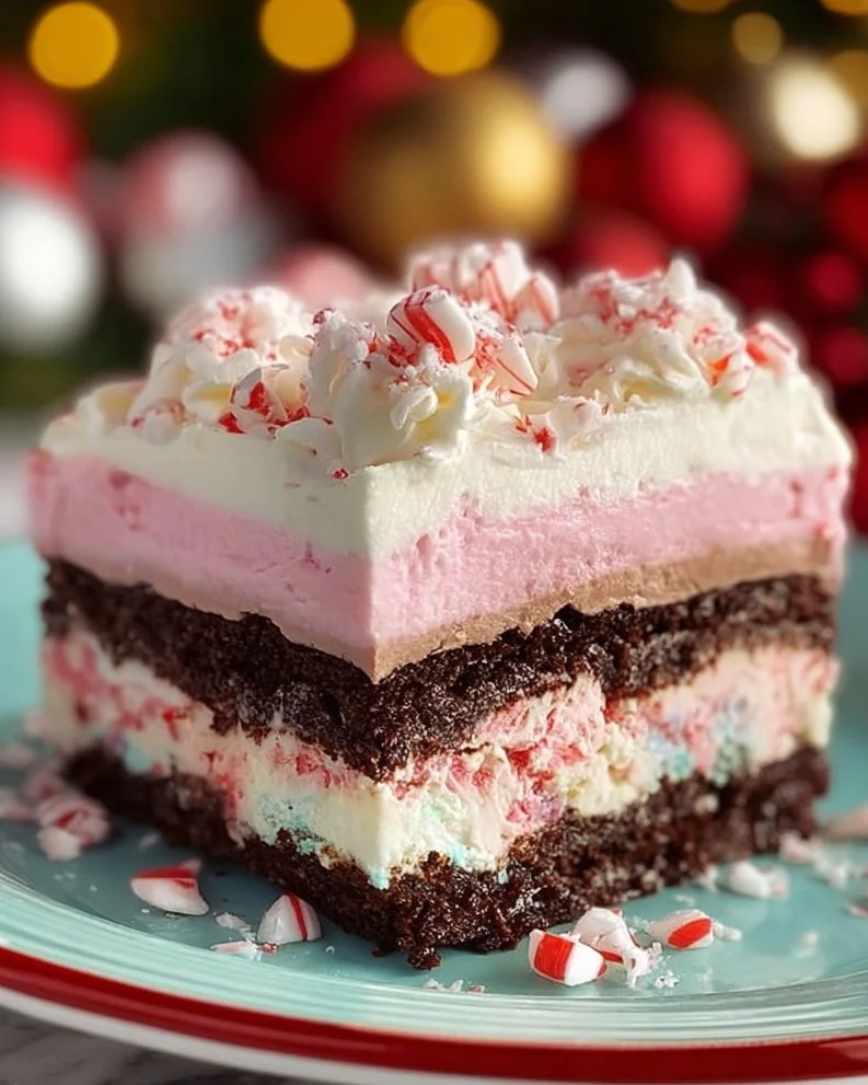Layered Chocolate Peppermint Lasagna dessert with chocolate and mint flavors