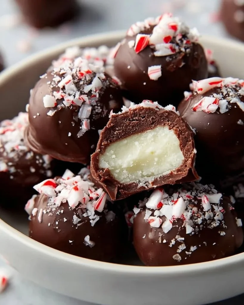 Delicious chocolate peppermint truffles arranged on a festive plate