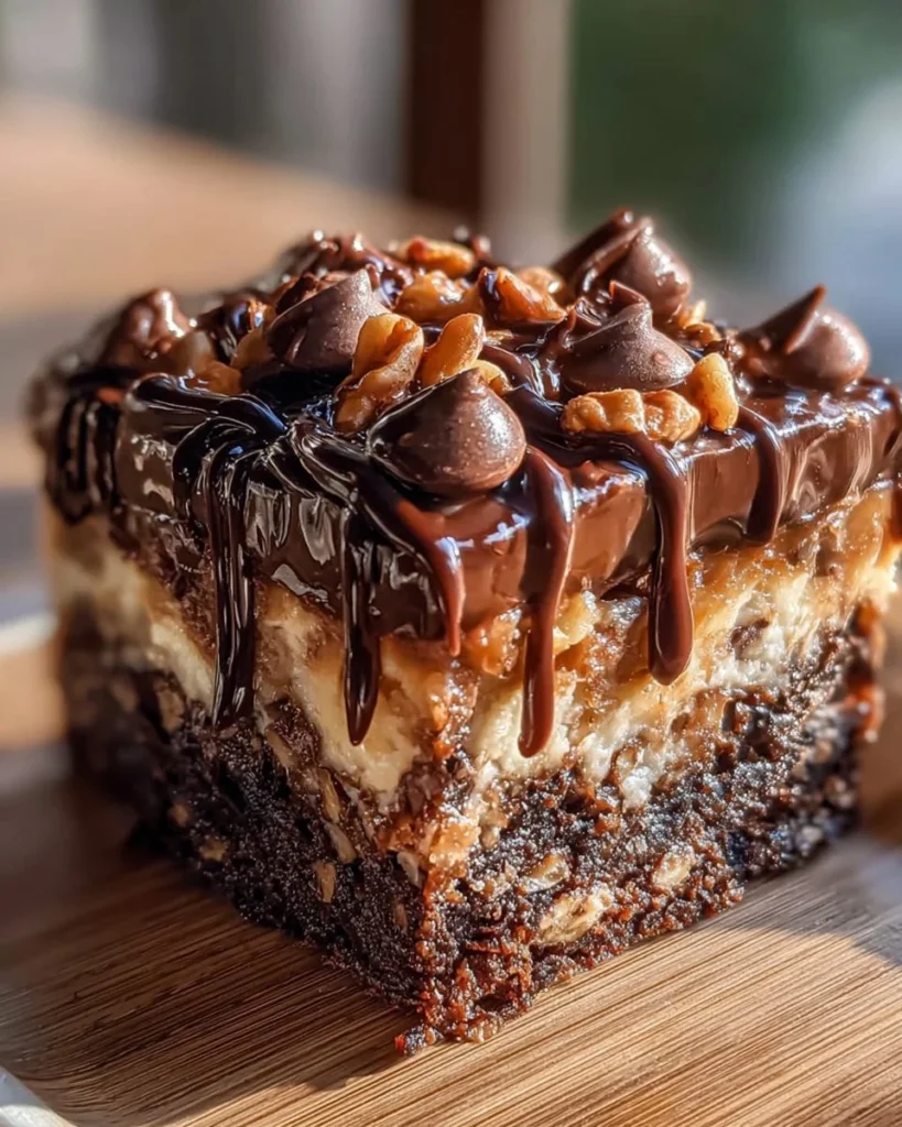 Delicious Chocolate Poke Cake topped with chocolate frosting and chocolate drizzle.