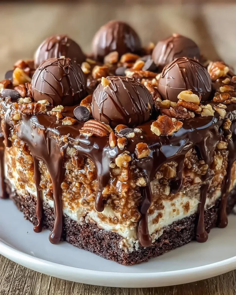 Delicious chocolate poke cake topped with whipped cream and chocolate drizzle.
