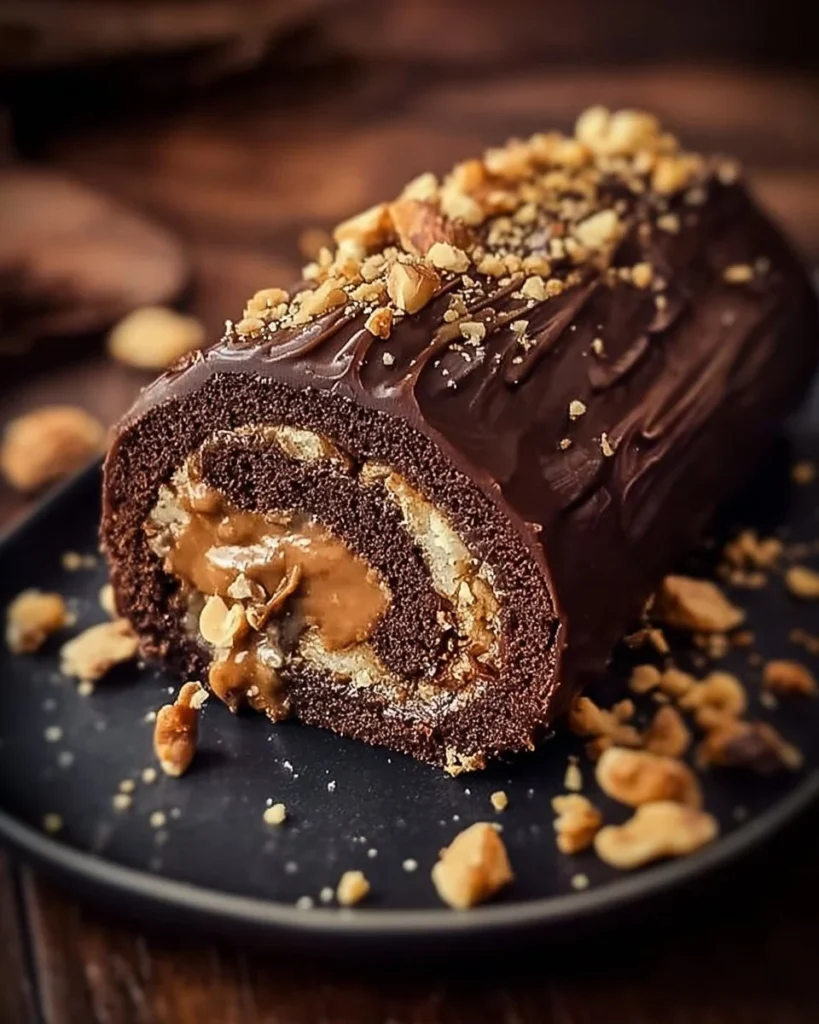 Chocolate and Praline Yule Log Bûche de Noël dessert for Christmas