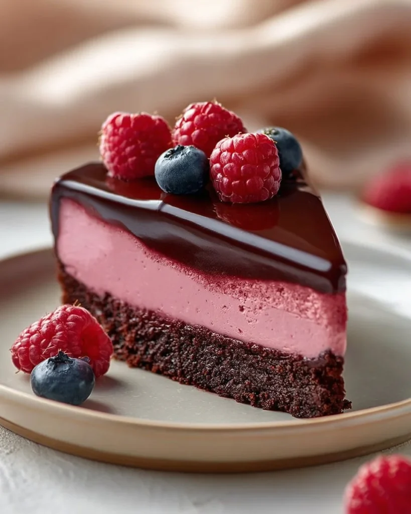 Vegan and grain-free Chocolate Raspberry Bavarois dessert topped with raspberries
