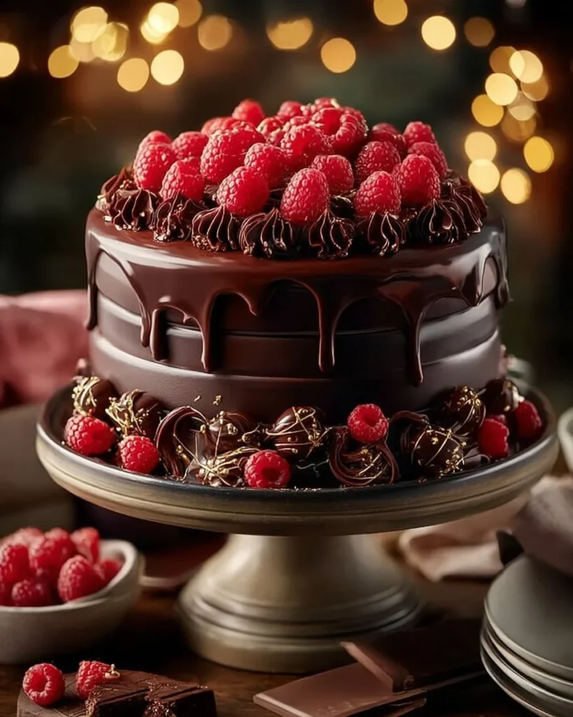 Decadent Chocolate Raspberry Birthday Cake topped with fresh raspberries