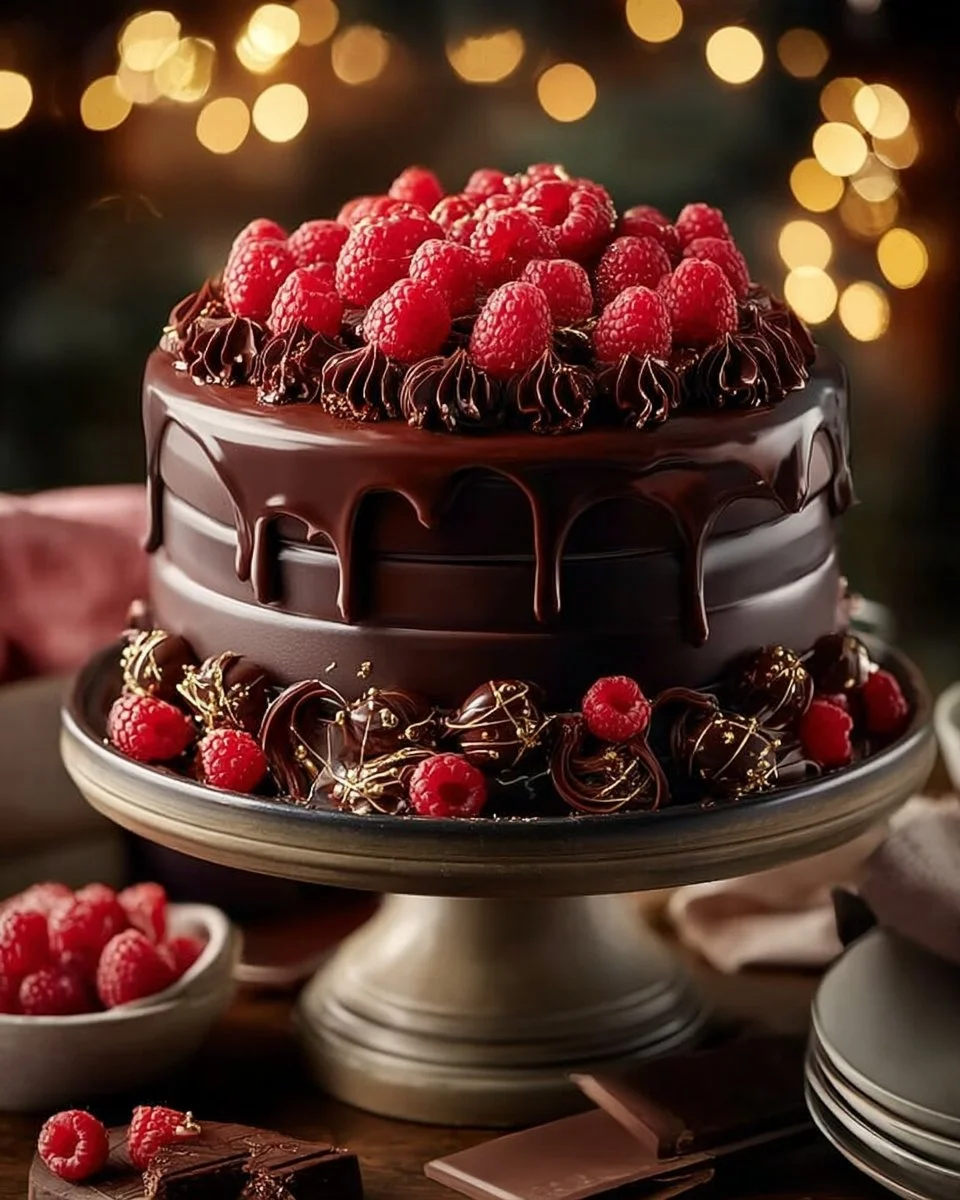 Decadent Chocolate Raspberry Birthday Cake topped with fresh raspberries