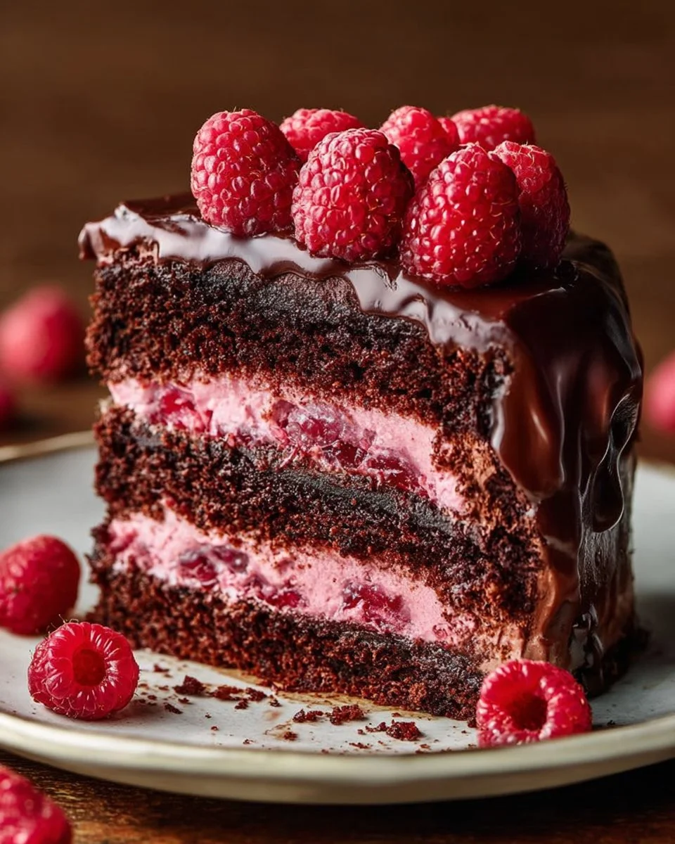 Delicious Chocolate Raspberry Cake with fresh raspberries and chocolate ganache