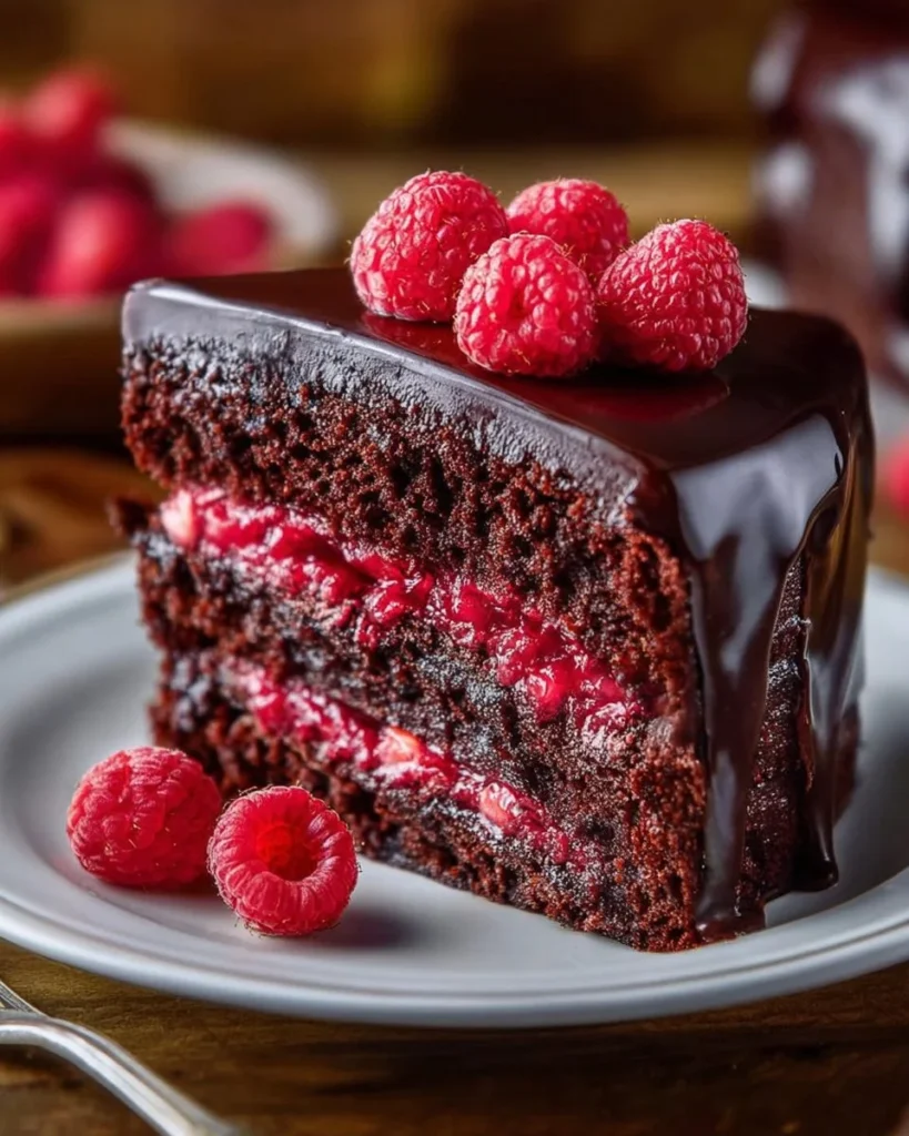 Delicious Chocolate Raspberry Cake topped with fresh raspberries and chocolate ganache.