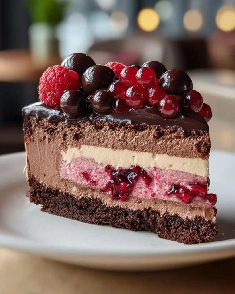 Slice of Chocolate Raspberry Cheesecake topped with fresh raspberries and chocolate drizzle