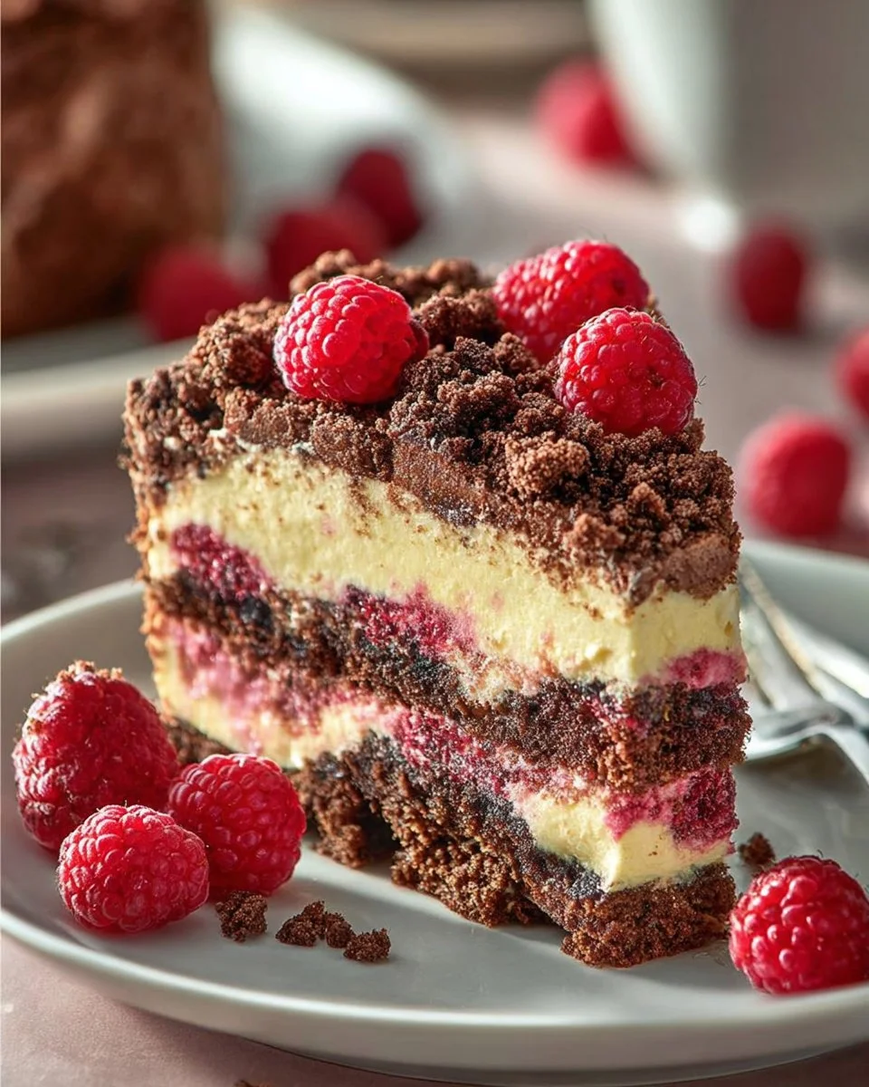 Delicious Chocolate Raspberry Cheesecake Crumb Cake topped with fresh raspberries.