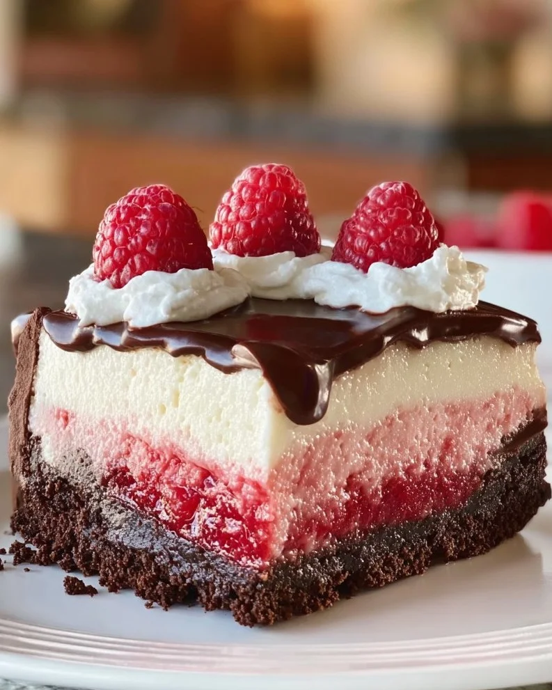 Slice of Chocolate Raspberry Cheesecake topped with fresh raspberries