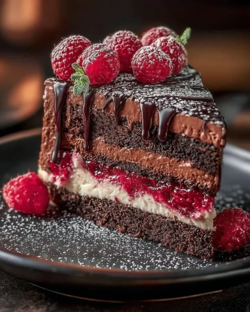 Delicious Chocolate Raspberry Layer Cake with layers of chocolate and raspberry filling