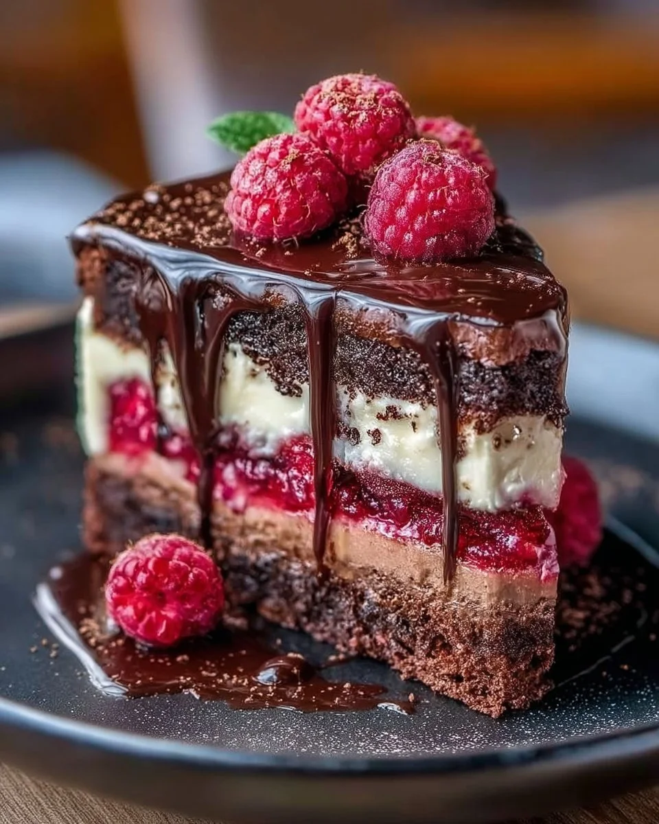Delicious Chocolate Raspberry Layer Cake with rich layers of chocolate and fresh raspberries.