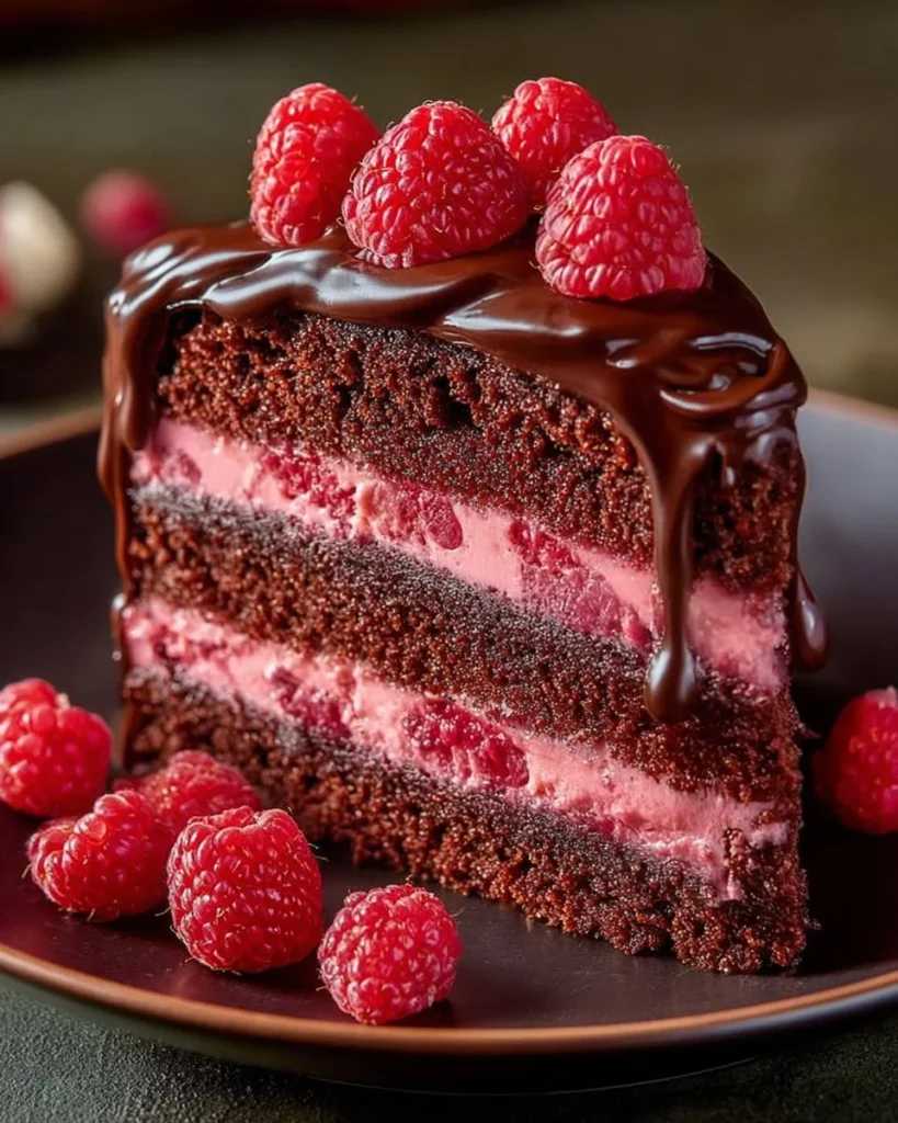 Decadent homemade Chocolate Raspberry Layer Cake with rich chocolate and fresh raspberries.