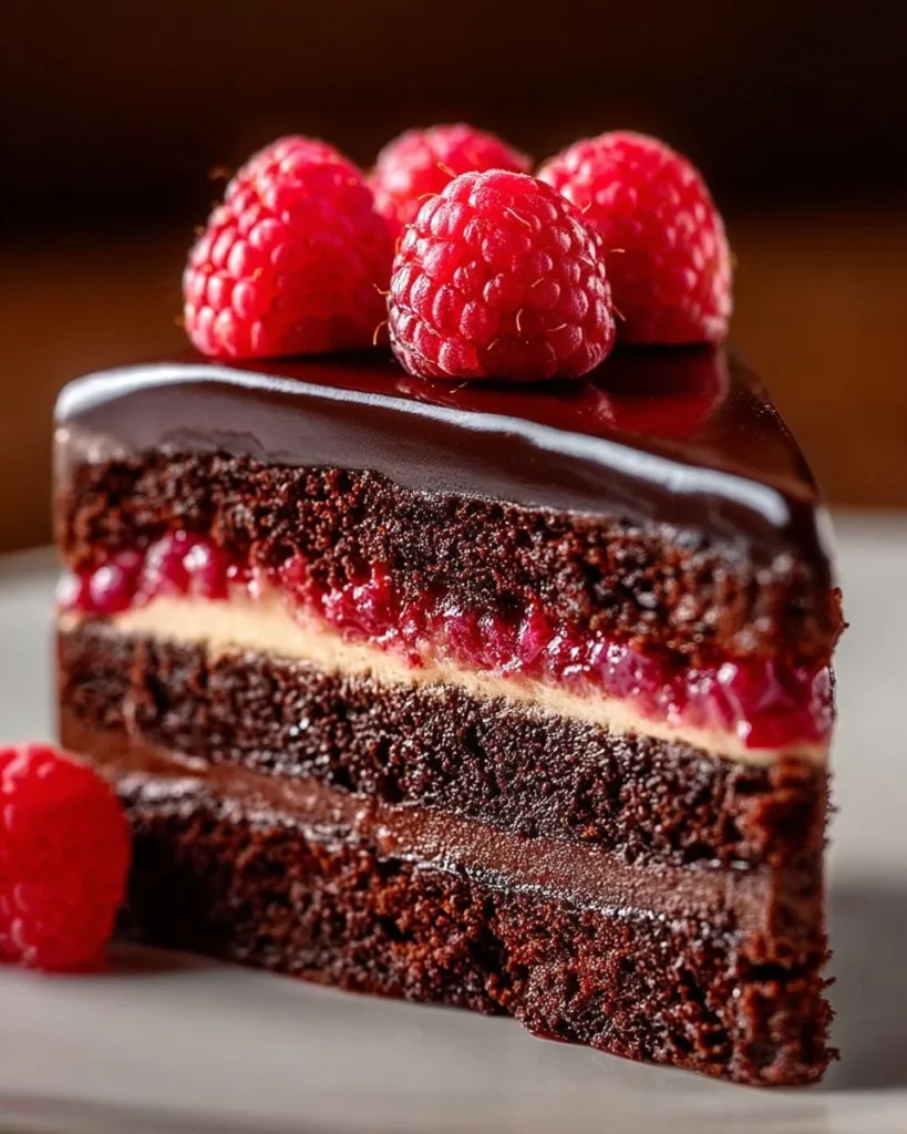 Delicious Chocolate Raspberry Layer Cake with rich chocolate and fresh raspberries.