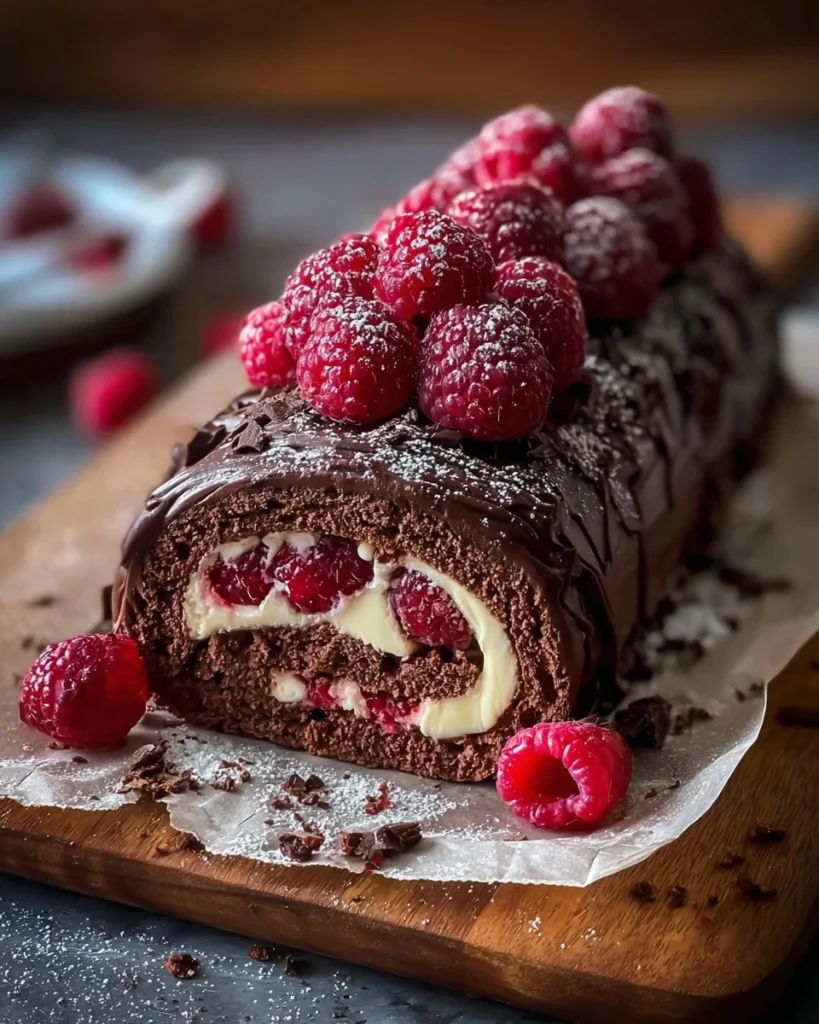 Delicious Chocolate Raspberry Swiss Roll dessert on a plate