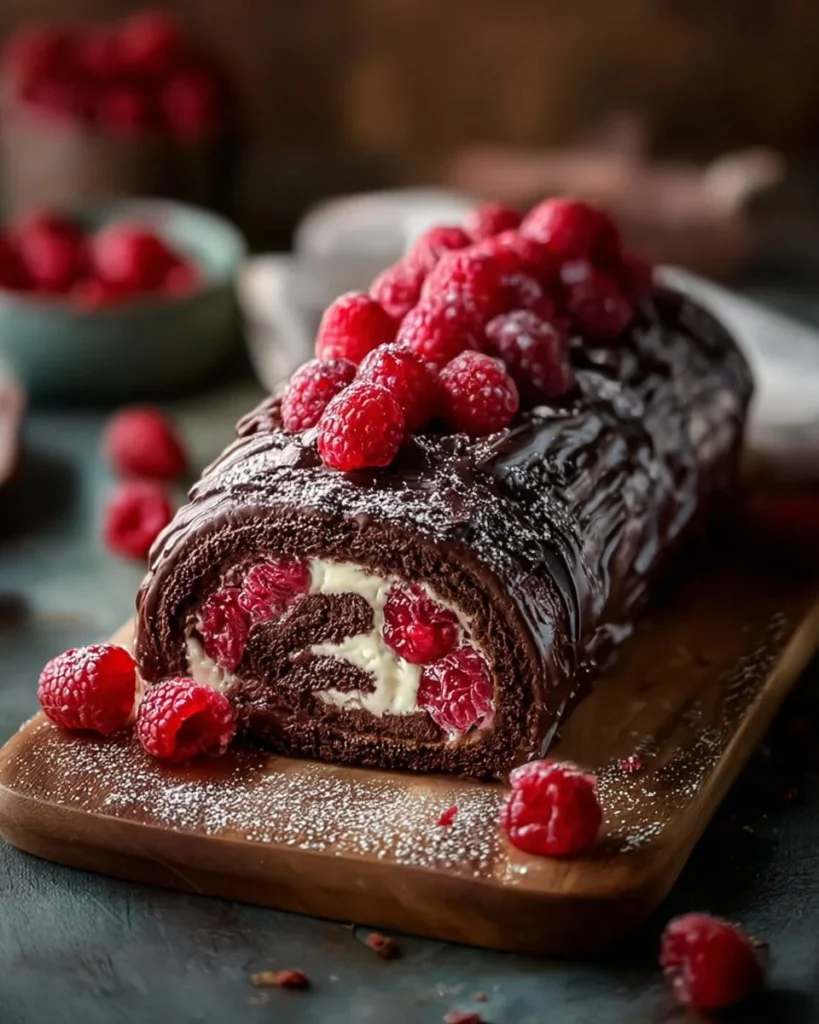 Delicious Chocolate Raspberry Swiss Roll dessert with rich chocolate and fresh raspberries