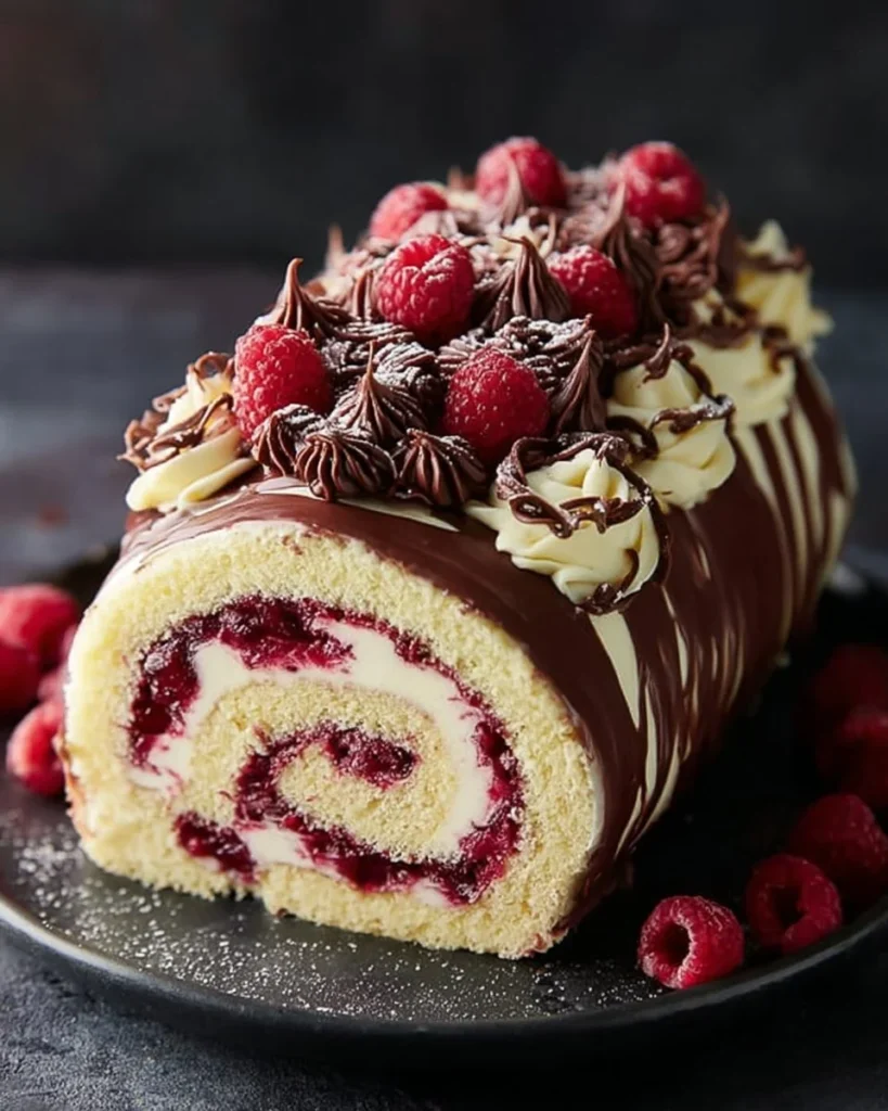 Decadent Chocolate Raspberry Swiss Roll with fresh raspberries and chocolate drizzle