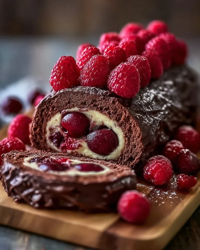 Delicious Chocolate Raspberry Swiss Roll dessert with rich chocolate and raspberries.