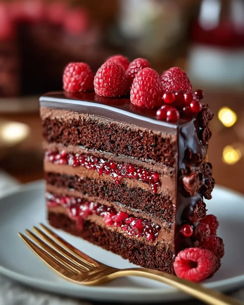 Delicious Chocolate Raspberry Truffle Cake topped with raspberries and chocolate ganache.