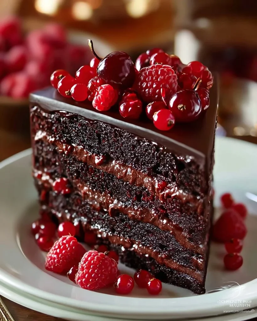 Decadent Chocolate Raspberry Truffle Cake with rich chocolate frosting and fresh raspberries