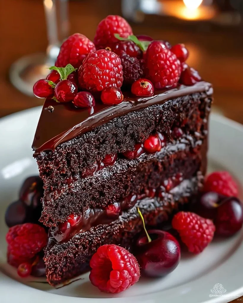 Delicious Chocolate Raspberry Truffle Cake with layers of chocolate and raspberries