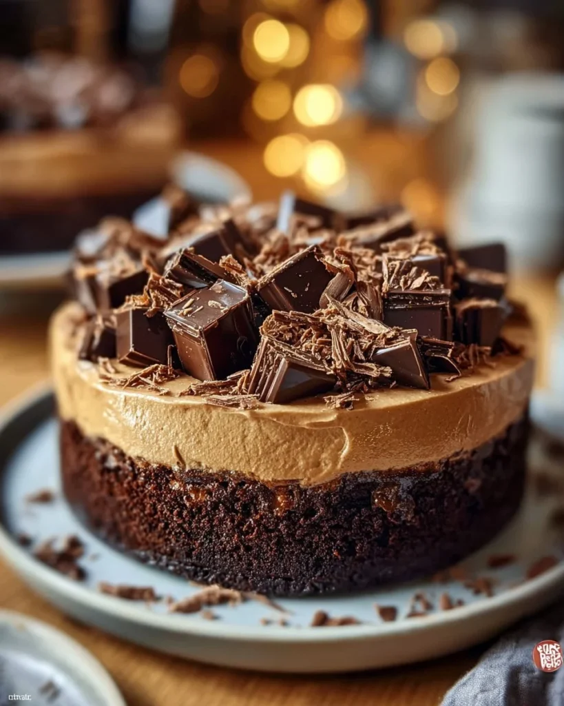 Indulgent Chocolate Reese's Cheesecake topped with chocolate and Reese's cups
