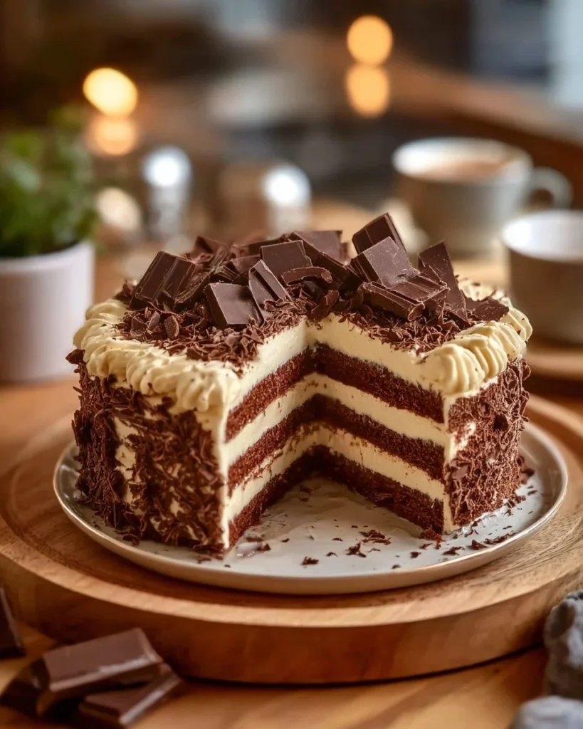 Delicious Chocolate Ripple Cake served on a white plate with a slice cut out