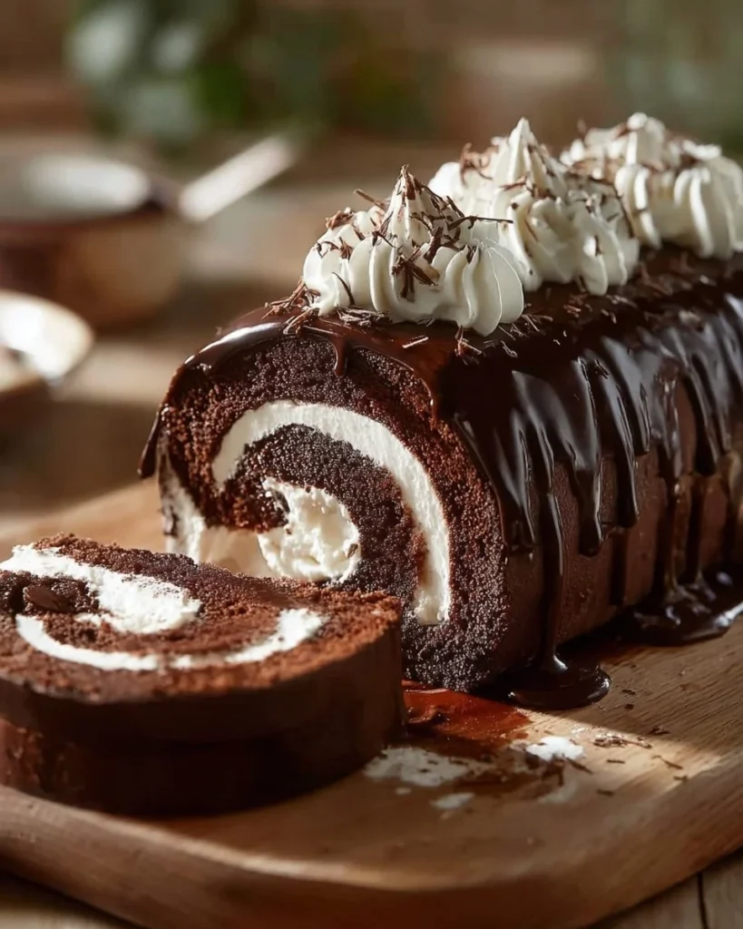 Delicious homemade Chocolate Roll Cake with creamy filling