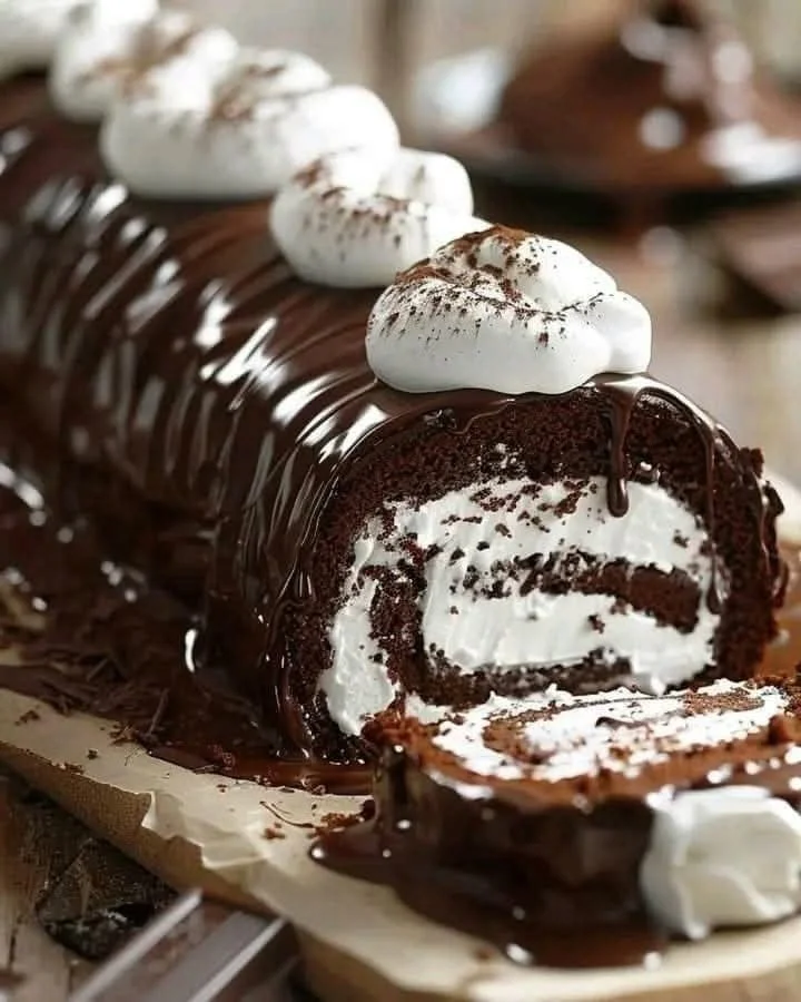 Delicious chocolate roll cake with swirls of rich chocolate frosting