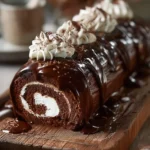 Deliciously rolled chocolate cake with cream filling and chocolate drizzle